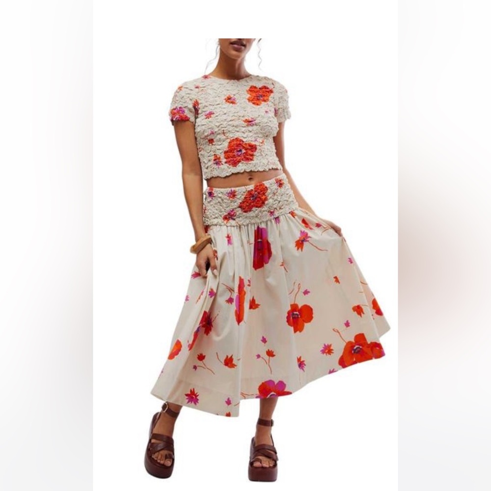 Free People Carino Floral Two Piece Stretch Cotton Crop Top & Midi Skirt